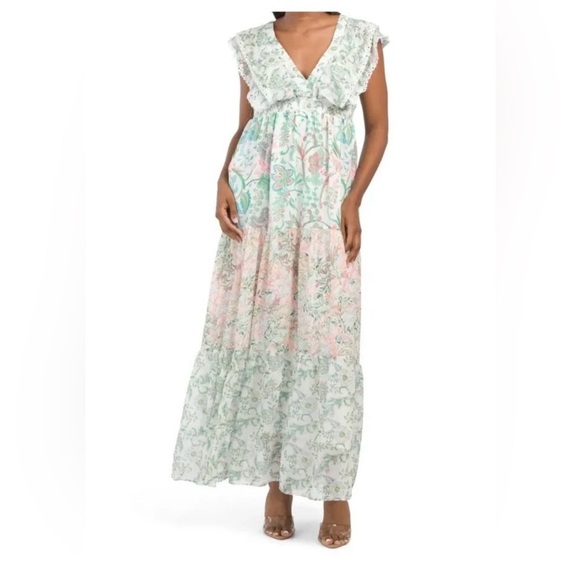 House Of Harlow Women Dress Maxi Size L Floral Green Pink Wedding Guest Summer - Picture 1 of 11